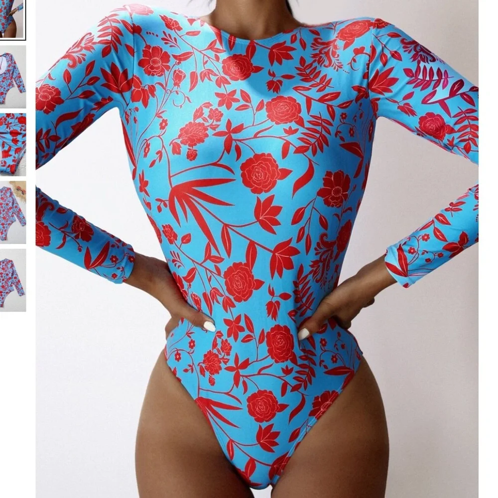 SHEIN Long Sleeve High Neck One Piece Swimsuit Blue Red Floral Women’s size XS